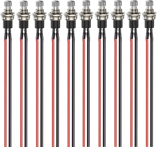 Vista 12 de Gebildet 10 piezas de botón de presión momentáneo mini precableado negro 3V-6V-12V-24V-230V/1A, SPST normalmente abierto ON/Off, botón redondo de 2