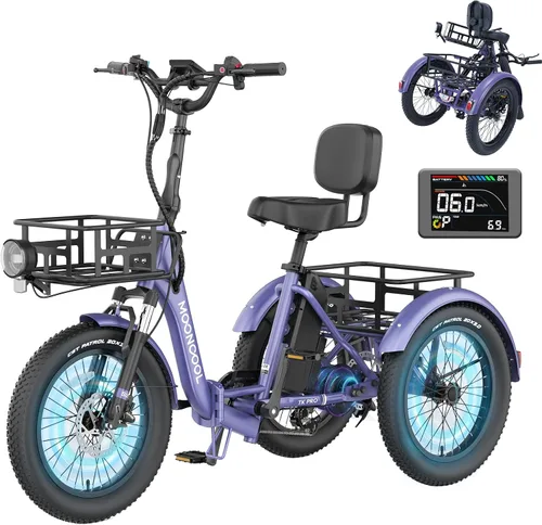 Vista 14 de MOONCOOL Triciclo eléctrico para adultos, 500 W/750 W 48 V, triciclo eléctrico plegable de potencia máxima 1100 W, neumático grueso de 20 x 3.0