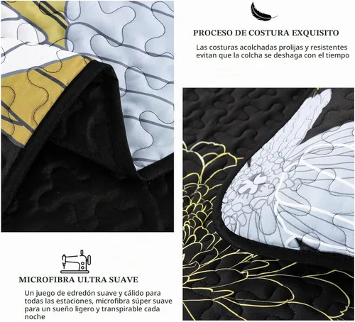 Vista 3 de Juego de colcha de 3 piezas con patrón floral amarillo, tamaño Queen, colcha negra ligera con 2 fundas de almohada para todas las estaciones, juego