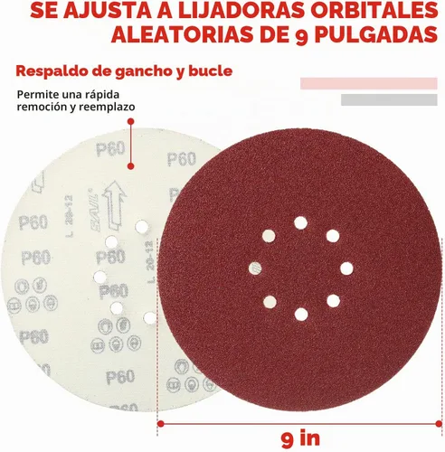 Vista 4 de 70 unidades de discos de lijado de 9 pulgadas, discos de lijado autoadhesivos de 8 agujeros, papel de lija para paneles de yeso surtidos