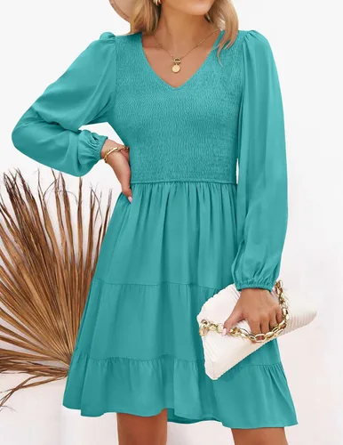 Vista 3 de ZESICA Minivestido casual con cuello en V y manga larga fruncida y cintura alta fruncida con volantes en línea A
