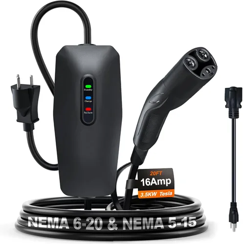 Vista 10 de Cargador EV de nivel 1 y 2 actualizado 2026 de 16 A, 3.5 KW, cable de 20 pies y adaptador doble NEMA (5-15/6-20) - Cargador de coche eléctrico