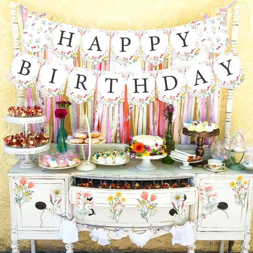 Vista 2 de Wildflower - Cartel de feliz cumpleaños con diseño de guirnalda y letrero de decoración de fiesta, pre-encordado, sin bricolaje, tema floral