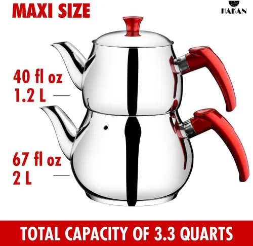 Vista 2 de Hakan Juego de tetera Maxi Double Bondy de acero inoxidable de 3.2 L, 107 onzas, con tapa doble autocolador, juego de tetera estilo samovar turco