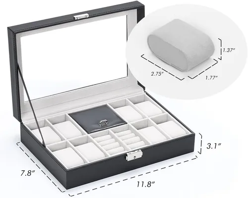 Vista 2 de NEX Caja de reloj 8 ranuras con cerradura de cuero para reloj organizador con almacenamiento de anillos para mujeres y hombres color negro