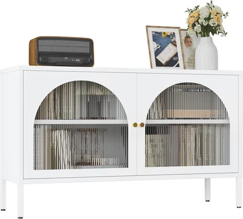 Vista 8 de Gabinete de almacenamiento de metal, soporte de TV de 2 puertas, armario decorativo con puertas y estante ajustable, armario de metal, mesita