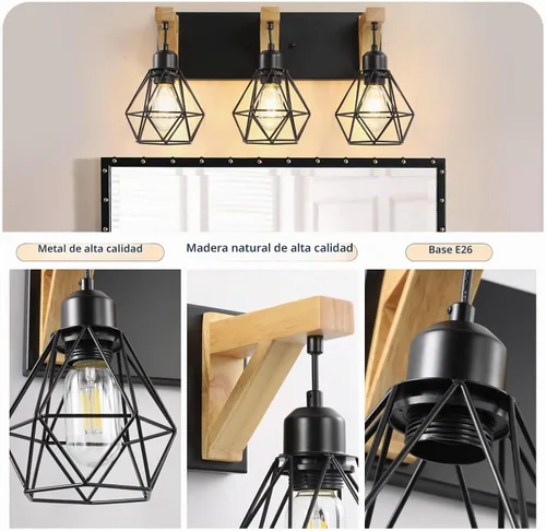 Vista 4 de VbiTmn Lámparas de baño de granja, 3 luces de tocador de baño, accesorios de iluminación rústica sobre el espejo, apliques de pared con elegante