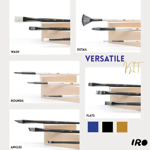 Vista 2 de IRO Juego de 15 pinceles planos profesionales para pintura acrílica y pinturas al óleo. Pinceles redondos para acuarela y gouache. Juego de pintura