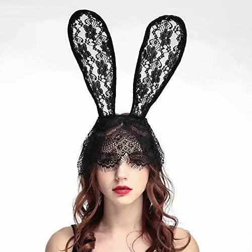 Vista 9 de EVILD Diadema negra con orejas de conejo de encaje, decoración de fiesta, banda para el cabello