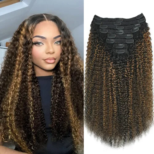 Vista 13 de Extensiones de cabello humano real rizado con clip, 4/27/4, ombré, rizado con clip, para mujer, 3C y 4A (12 pulgadas, #4/27/4)