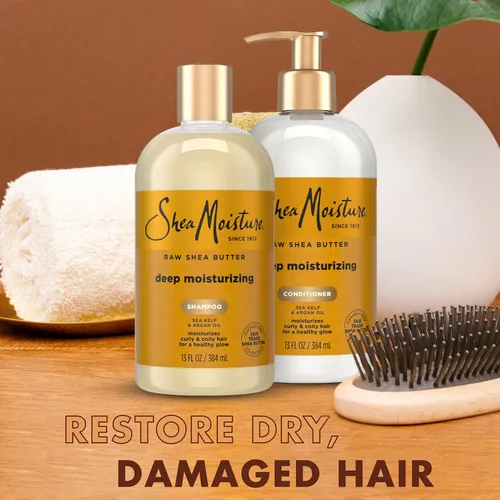 Vista 4 de Shea Moisture champú de manteca de karité de 13 oz y acondicionador fortalecedor 13 oz Fair Trade Raw Shea Butter, Sea Kelp & Argan Oil Moisture