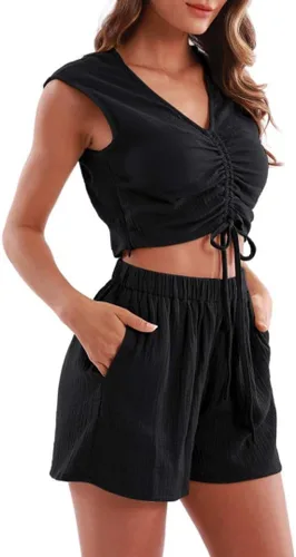 Vista 3 de Amazhiyu Conjunto de 2 piezas de gasa de algodón arrugado para mujer, pantalones cortos y tops de verano