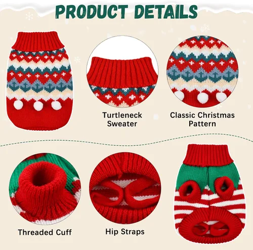 Vista 4 de 2 piezas de suéter de Navidad para cachorros, ropa de cuello alto de punto para gatos, disfraces de elfo de Navidad, ropa cálida para perros, suéter