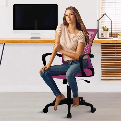 Vista 17 de Silla de oficina en casa, silla de escritorio ergonómica, respaldo medio, silla de computadora de PC con soporte lumbar y reposabrazos, silla