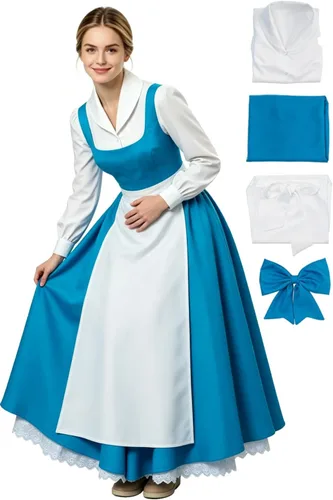 Vista 11 de Disfraz de sirvienta para mujer, vestido de cosplay, delantal Azul