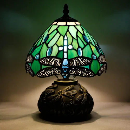 Vista 4 de Lámpara de mesa pequeña Tiffany W8H11 pulgadas Tiffany verde libélula estilo de la lámpara de vidrieras de bronce tipo hongo base de resina mini