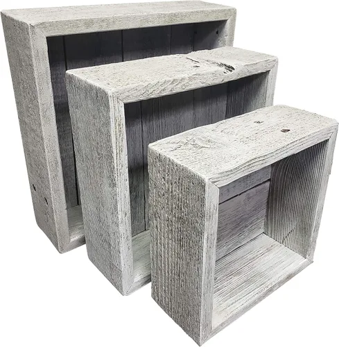 Vista 7 de Caja de sombra de madera reciclada con respaldo de madera, estilo rústico de granero, estantes flotantes, juego de 3 (rojo granero, cuadrado)