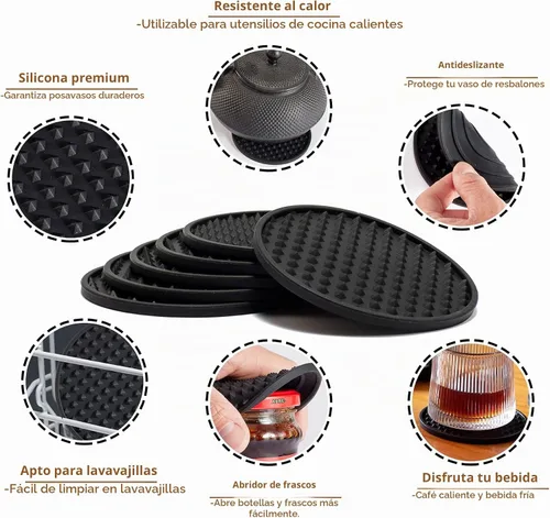 Vista 4 de Coga Juego de 6 posavasos con soporte, posavasos de silicona para cualquier tipo de mesa, mesas de madera, piedra, aptos para lavavajillas Paquete