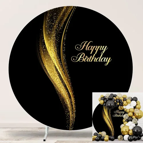 Vista 10 de Cartel de feliz cumpleaños dorado de 6.5 pies, cubierta de fondo circular blanco con 4 clips, telón de fondo redondo para fotografía, cartel dorado