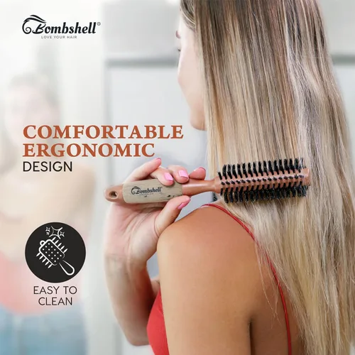 Vista 4 de Bombshell Cepillo Redondo de Madera de Abedul – 1.75 pulgadas de ancho, 10 pulgadas de largo, cerdas de jabalí, mango de madera natural