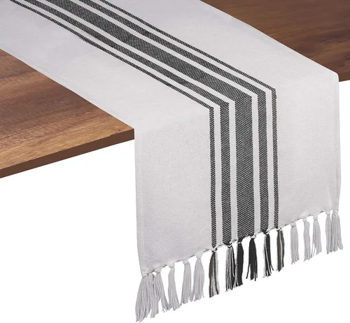 Vista 18 de Native Fab Camino de mesa a rayas grises – Mantel bohemio de 72 pulgadas de largo con borlas – 100% algodón, tejido apretado, mantel antideslizante