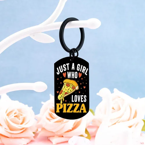 Vista 4 de Llavero con texto en inglés "Just a Girl Who Loves Pizza", regalos para niñas y mujeres, decoración divertida de comida para amantes de la pizza