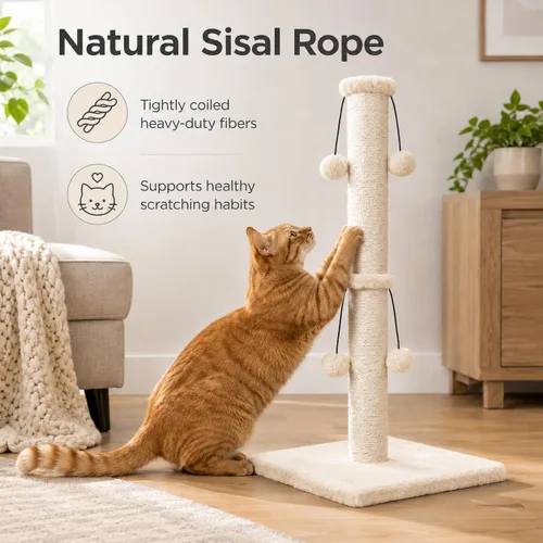 Vista 7 de Dimaka Poste rascador para gatos de 34 pulgadas, Poste rascador para gatos, Rascador para gatos grandes con pelota de juguete tentadora, Sisal Beige