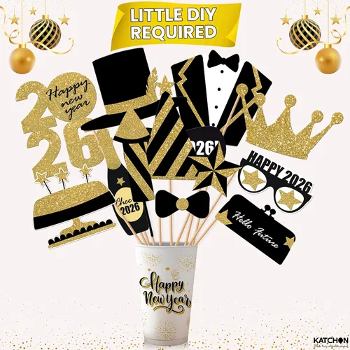 Vista 4 de KatchOn, Glitter New Years Photo Booth Props 2026 - Pack of 30 Gold and Black New Years Eve Photo Booth Props for Happy New Year Decorations 2026