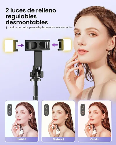 Vista 2 de Trípode para selfie stick de 53 pulgadas con luz, soporte mejorado para teléfono celular de 4 patas, trípode para cámara con control remoto Negro A