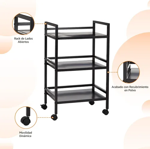 Vista 3 de Amazon Basics - Carrito de metal con ruedas de 3 niveles, color negro
