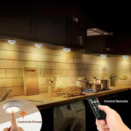 Vista 2 de TECOMLIGHT Luces LED de disco con control remoto, luz inalámbrica para armario, funciona con pilas, luces debajo del gabinete, luz de grifo que