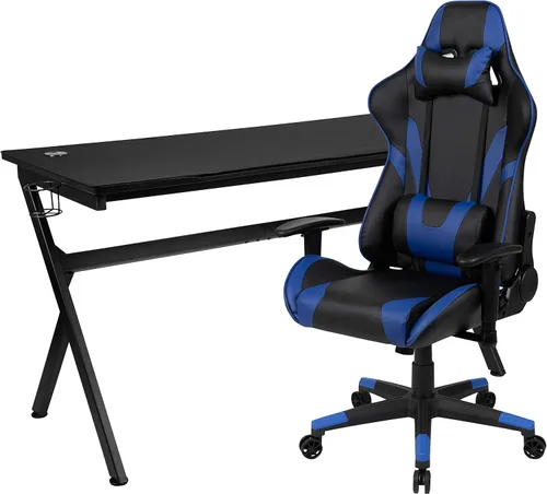 Vista 87 de Flash Furniture Juego de escritorio para juegos negro y silla de carreras blanco/negro con soporte para tazas, gancho para auriculares y soporte