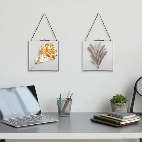 Vista 9 de JUXYES Paquete de 2 marcos cuadrados de latón para colgar en la pared para flores prensadas, marco de exhibición de ilustraciones de doble vidrio