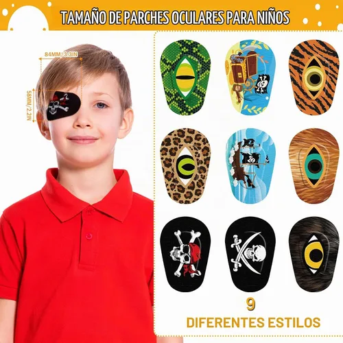 Vista 2 de Panelee Parches adhesivos para los ojos para niños, parche para ojos de pirata de Halloween, material transpirable, bloqueo de luz, algodón, diseños