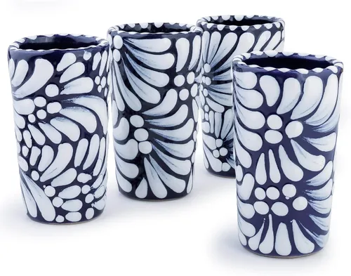 Vista 27 de Juego de 4 vasos de chupito Talavera auténticos mexicanos para tequila - Pintados a mano - 2 Oz (Corazón Azul)