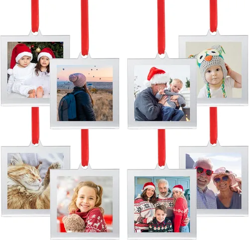 Vista 11 de UNIQOOO 8 adornos de marcos de fotos de acrílico negro de Navidad para mostrar fotografías, 2.5 x 2.5 pulgadas decoración colgante festiva, marcos