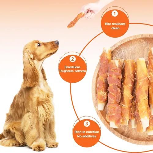 Vista 3 de Huesos dentales masticables envueltos en pollo, golosinas duraderas para control de placa y aliento fresco, alivio de la dentición del cachorro, 8