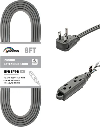 Vista 8 de Cable de extensión de enchufe plano de 3 tomas, certificado UL, cable de extensión para interiores de 16 calibre 1 pie negro de 3 puntas, tira