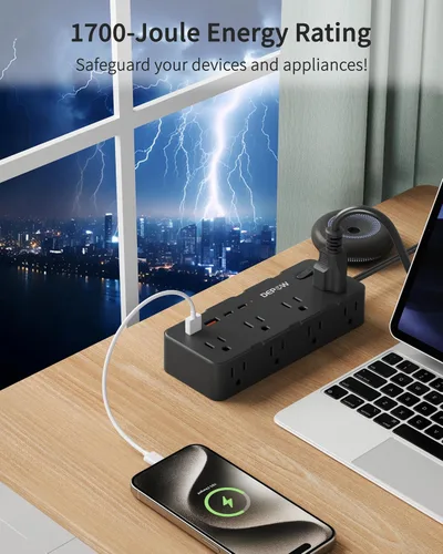 Vista 6 de DEPOW Regleta de alimentación negra de 2 puntas, adaptador de salida de 2 a 3 clavijas con 8 puertos de CA y 4 puertos USB (2 USB C), cable
