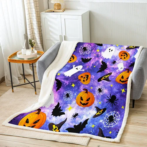 Vista 11 de Manfei Manta de Halloween con farol de calabaza, fantasmas, para decoración de habitación de niños y niñas, manta de araña negra para sofá, manta