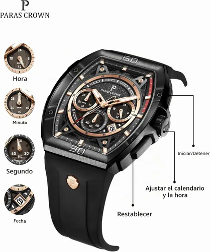 Vista 5 de Paras Crown Watches for Men Tonneau 5ATM Waterproof Quartz Luxury Chronograph Analog Men's Wrist Watches Stainless Steel Case Mens Watches Negro