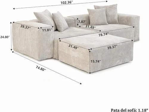 Vista 2 de Sofá seccional modular en forma de nube, sofá en L con otomano, sofá cama de 260 cm de tamaño grande, sofás cama de corduroy para sala de estar Beige