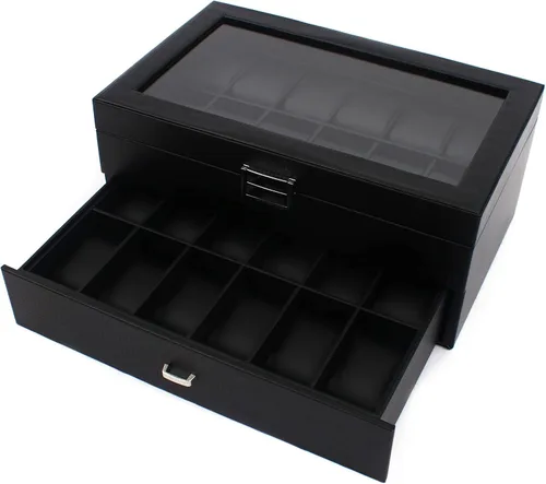 Vista 4 de Caja organizadora de reloj para hombres, 24 ranuras lujosa y masculina caja de exhibición texturizada de fibra de carbono - Parte superior de vidrio