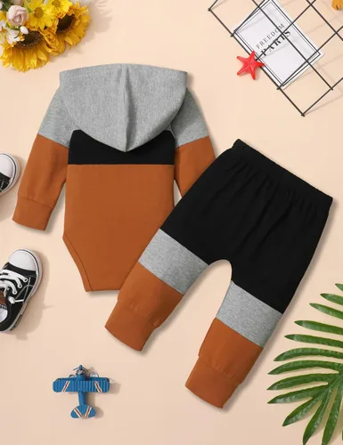 Vista 7 de Tomolant Baby Boy Clothes Long Sleeve Romper, Letter Print Hooded Sweatshirt +Patchwork Pants 2pcs Fall Winter Outfits