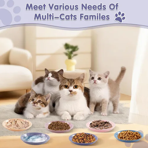 Vista 4 de Paquete de 6 cuencos de cerámica para gatos, cuenco de comida para gatos, juego de cuencos para gatos anti-fatiga de bigotes, platos anchos y poco