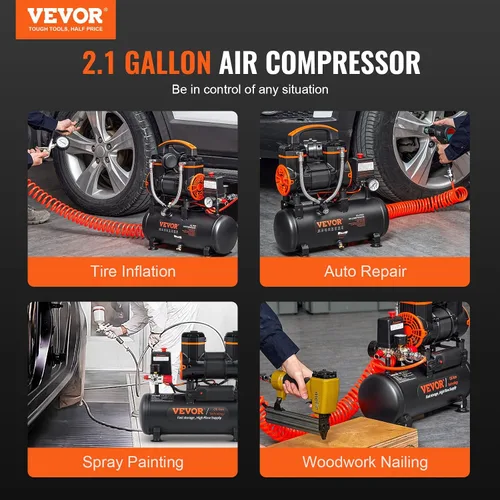 Vista 6 de VEVOR Compresor de aire de 2.1 galones, compresores de aire de 1.2HP 2.2 CFM@90PSI con presión máxima de 116PSI, tanque de compresor sin aceite