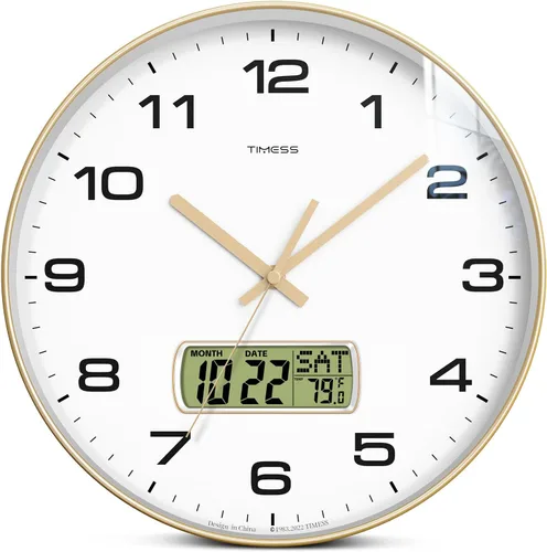 Vista 14 de Reloj de pared TIMESS, de 14" con gran esfera silenciosa y sin tictac, funciona con pilas, analógico con pantalla LCD para calendario perpetuo