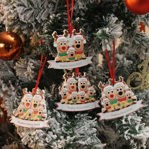 Vista 11 de Adornos de Navidad personalizados, adornos para árbol de Navidad, familia de 2 a 7 nombres, muñeco de nieve, ciervo, decoración de Navidad