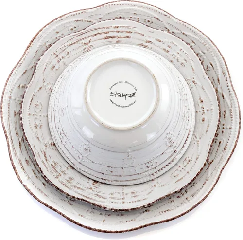 Vista 6 de Elama Rustic Birch - Juego de vajilla redonda de cerámica festoneada en relieve de 16 piezas, color blanco con detalles marrones