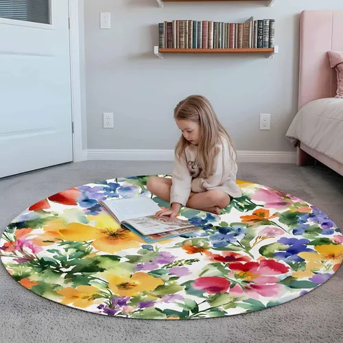 Vista 4 de Round Rugs 3 Feet, Green Yellow Floral Non Slip Area Rugs for Living Room, Bedroom, Barhroom, Entryway, Purple Blue Watercolor Retro Leaf Soft